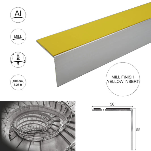 Heavy Duty Aluminium Stair Nosing 56x55mm – Anti-Slip Yellow Step Edge Trim 1m