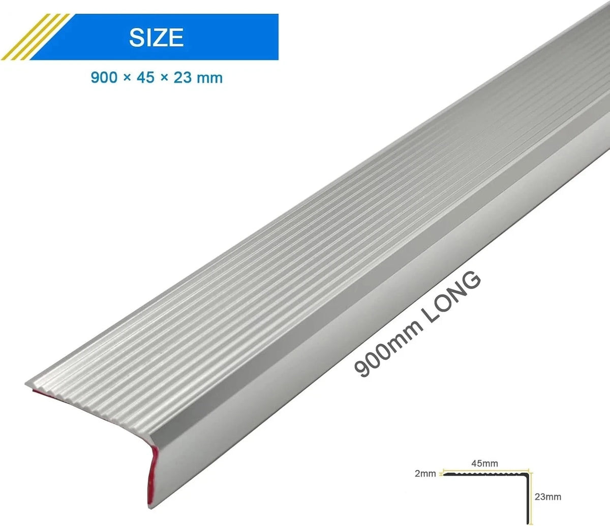 5x Aluminium Stair Nosing Trim Anti Slip Self Adhesive Silver 900x45x23mm
