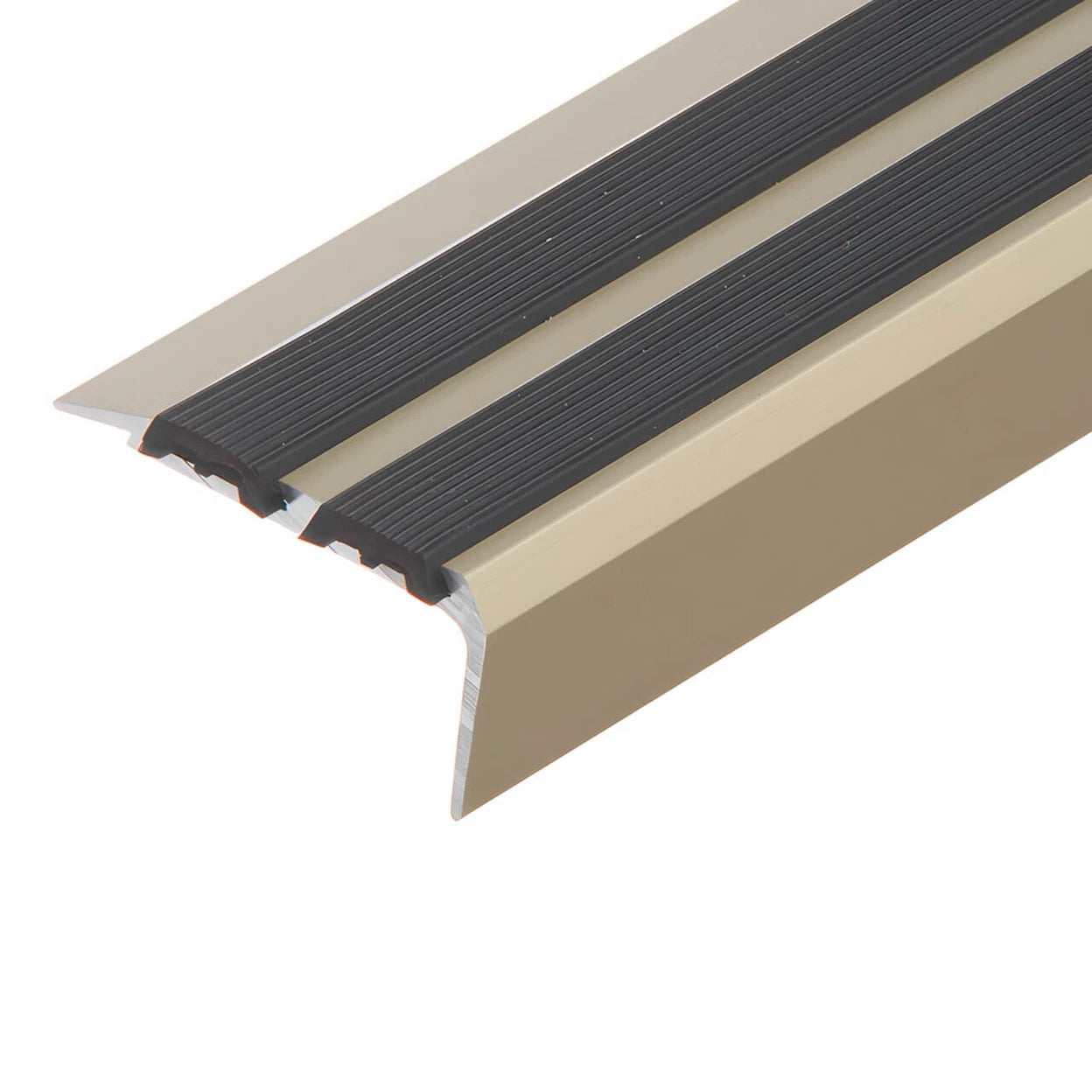 Stair Nosing Anodised Aluminium 35x19.5mm Champagne with Dual Black Rubber 2.0m