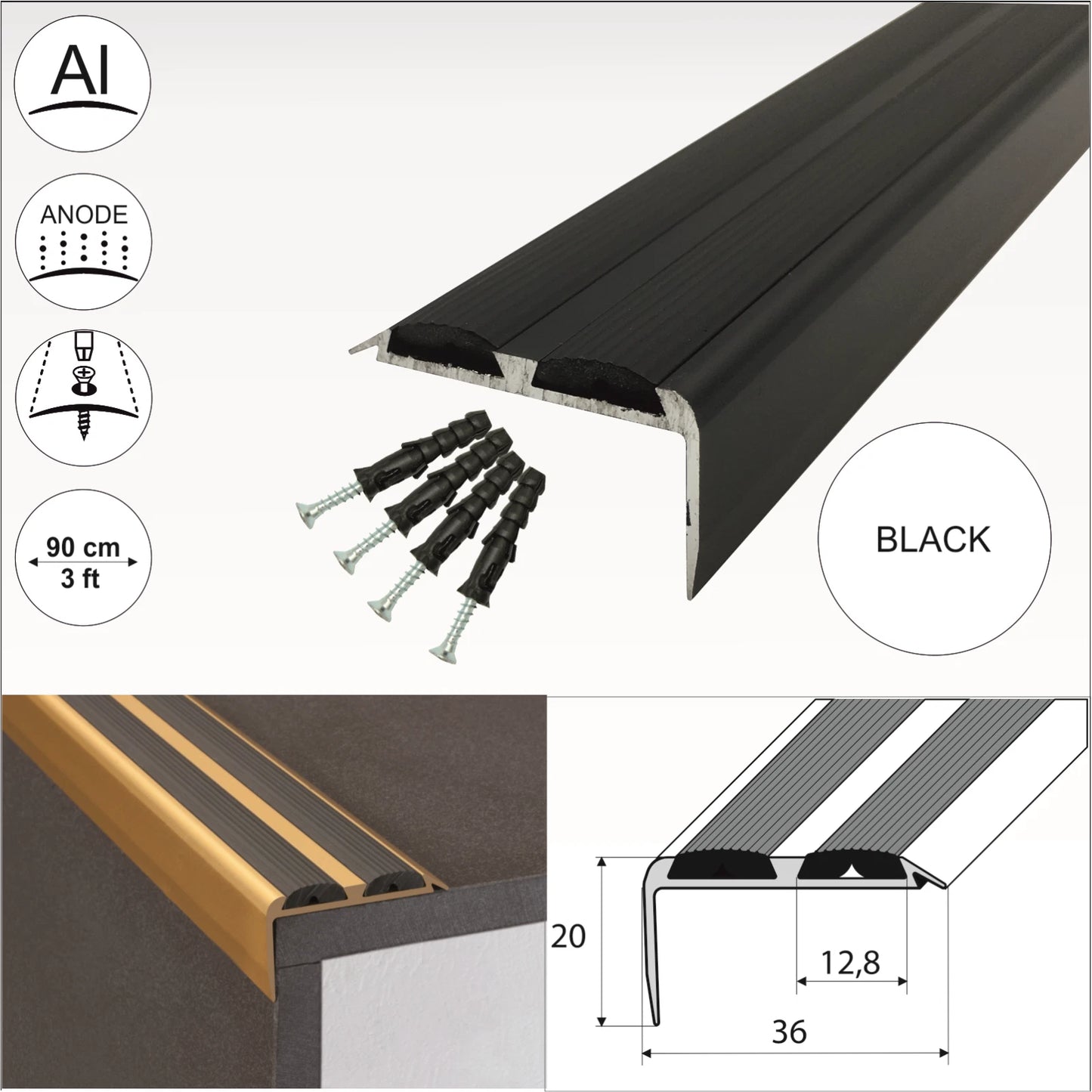 ALUMINIUM STAIR NOSING EDGE TRIM STEP NOSE EDGING NOSINGS FOR CARPET WOOD A37