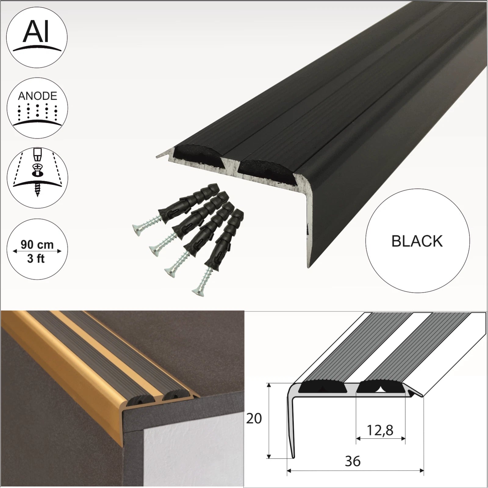 ALUMINIUM STAIR NOSING EDGE TRIM STEP NOSE EDGING NOSINGS FOR CARPET WOOD A37