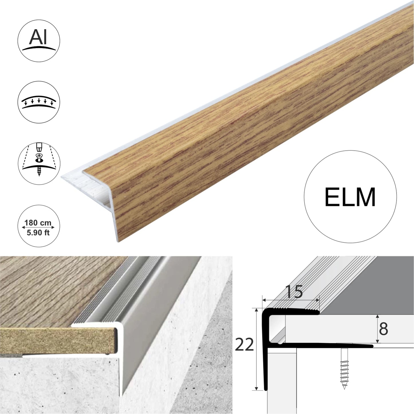 Aluminium Stair Nosing Wood Effect Edge Trim Step Nose Edging Laminate 1.8m A60