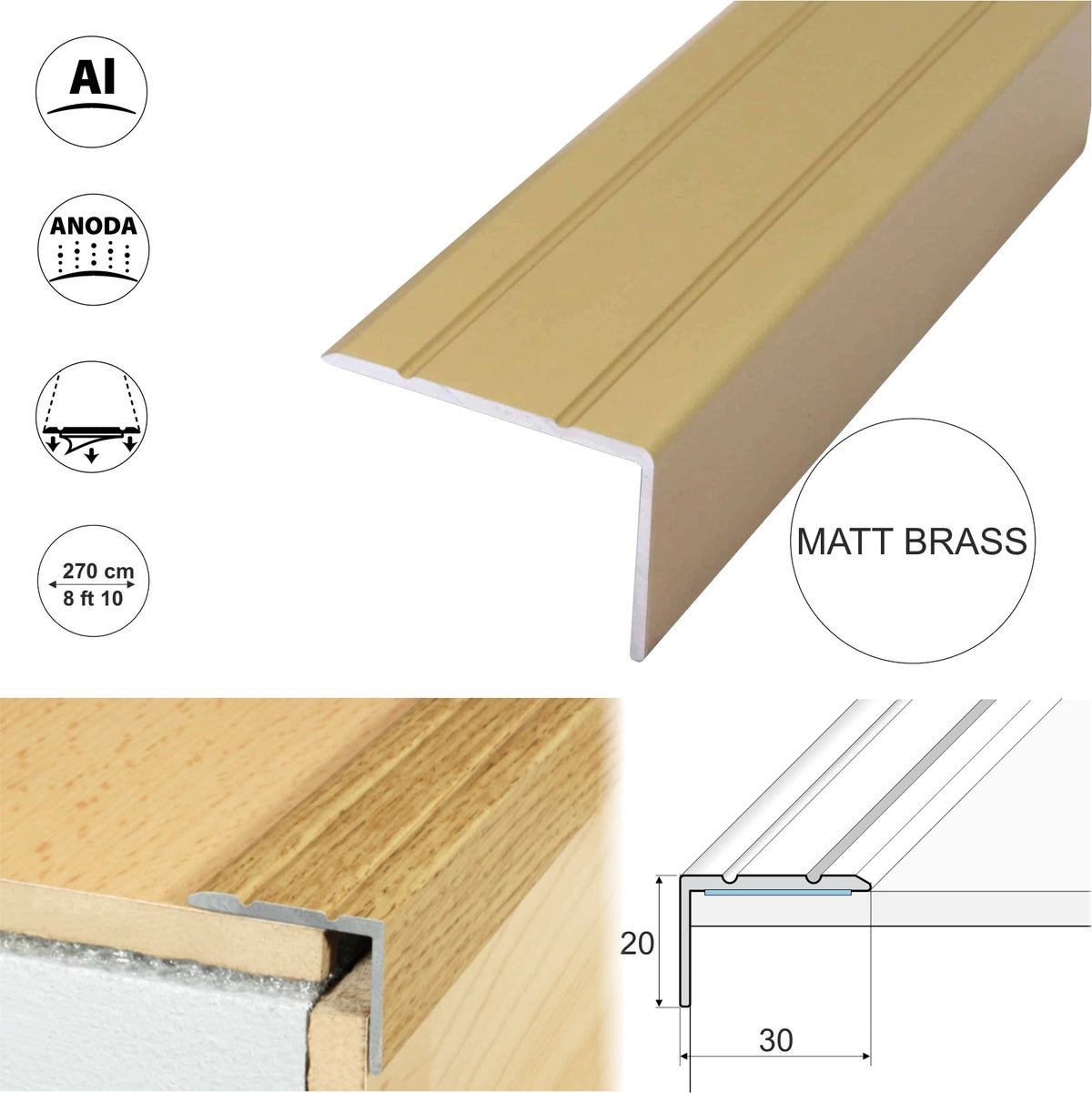 2.7m ALUMINIUM STAIR NOSING EDGE TRIM STEP EDGING CARPET, WOOD, Tile 30x20mm