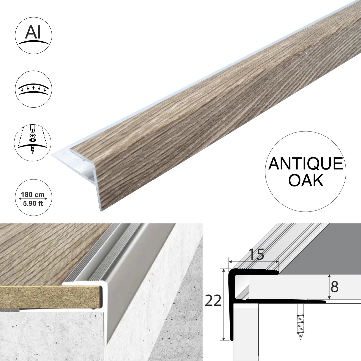 Aluminium Stair Nosing Wood Effect Edge Trim Step Nose Edging Laminate 1.8m A60