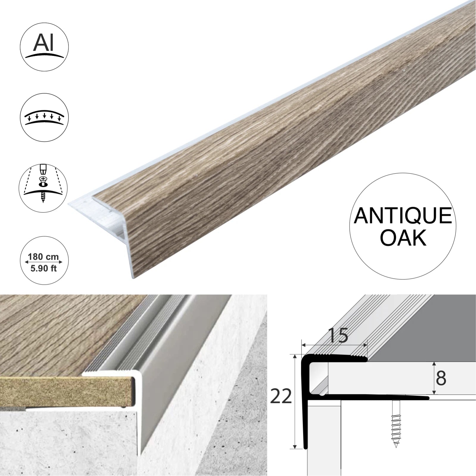 Aluminium Stair Nosing Wood Effect Edge Trim Step Nose Edging Laminate 1.8m A60