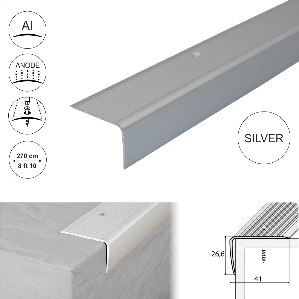 2.7m ALUMINIUM STAIR NODING STEP EDGE NOSING TRIM FOR LAMINATE, WOOD.41x26.6mm