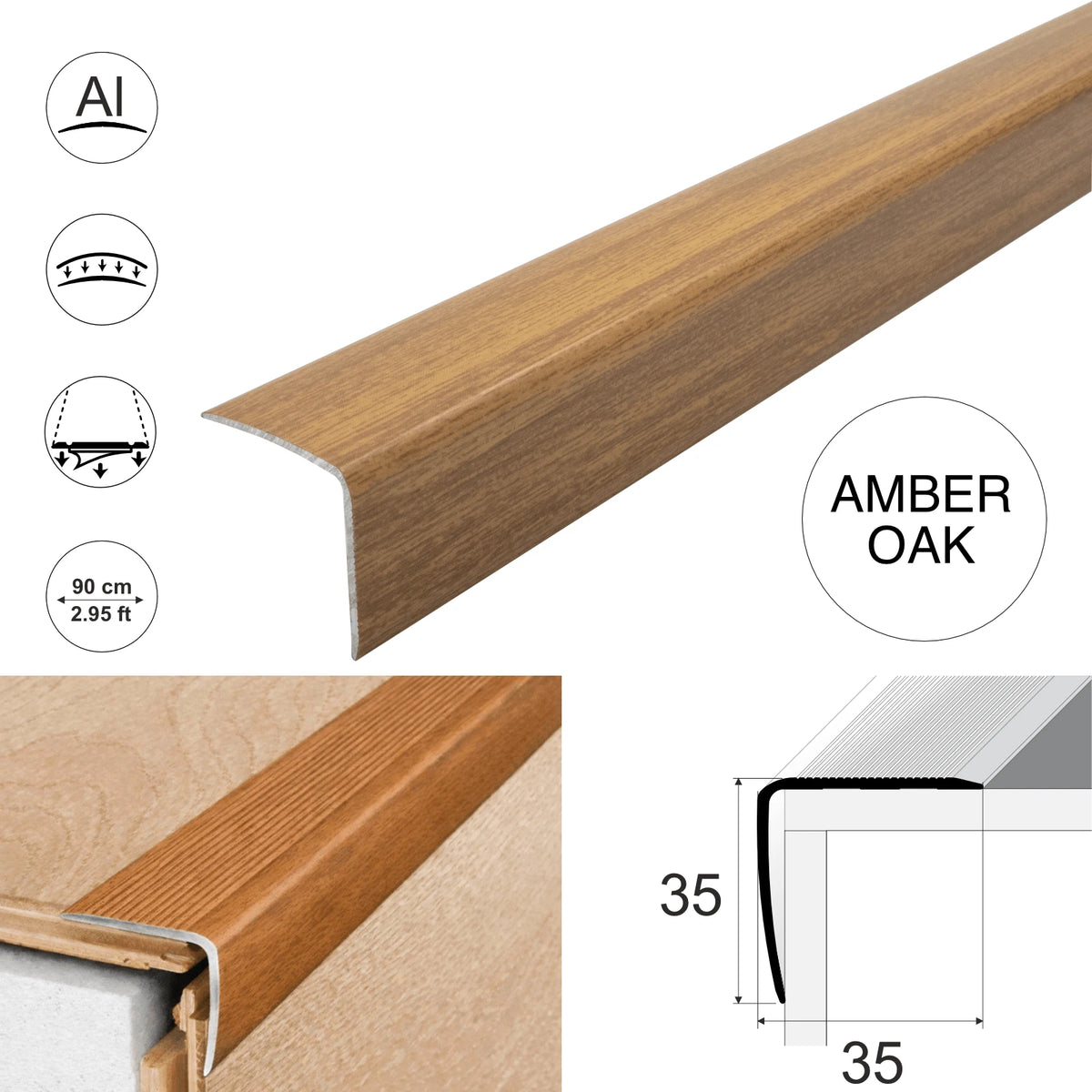Aluminium Stair Nosing Wood Effect 35 x35 mm Step Edging Guard Trim Profile A41