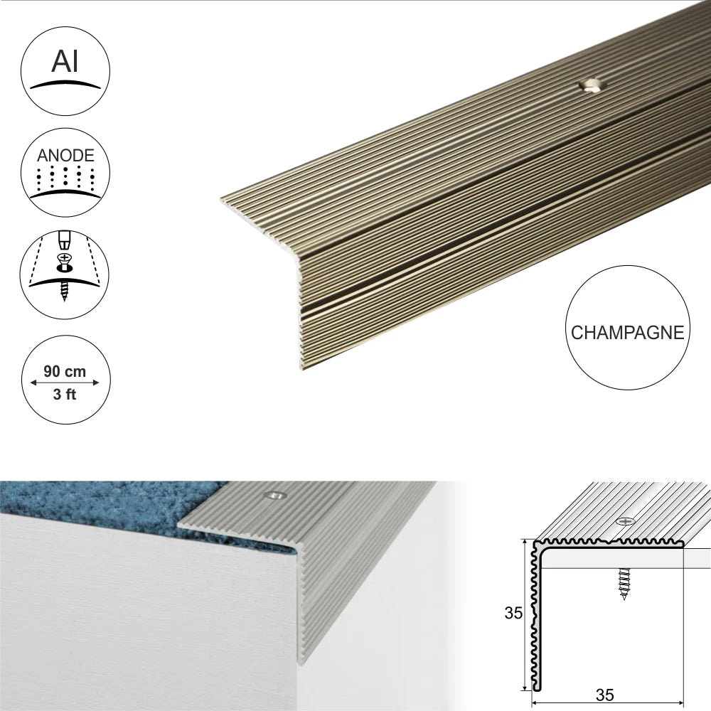 900mm x 35mm x 35mm ANODISED ALUMINIUM ANTI NON SLIP STAIR EDGE NOSING TRIM A34