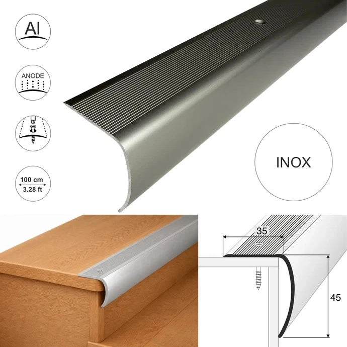 Aluminium Stair Nosing 35 × 45 mm Bullnose Edge Trim Anti Slip Step Edging 1M