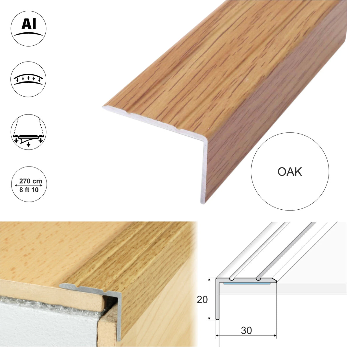 2.7m ALUMINIUM STAIR NOSING EDGE TRIM STEP EDGING CARPET, WOOD, Tile 30x20mm