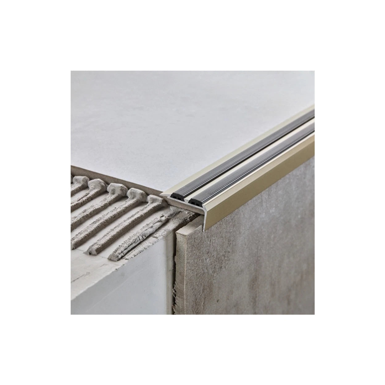 Stair Nosing Anodised Aluminium 35x19.5mm Champagne with Dual Black Rubber 2.0m