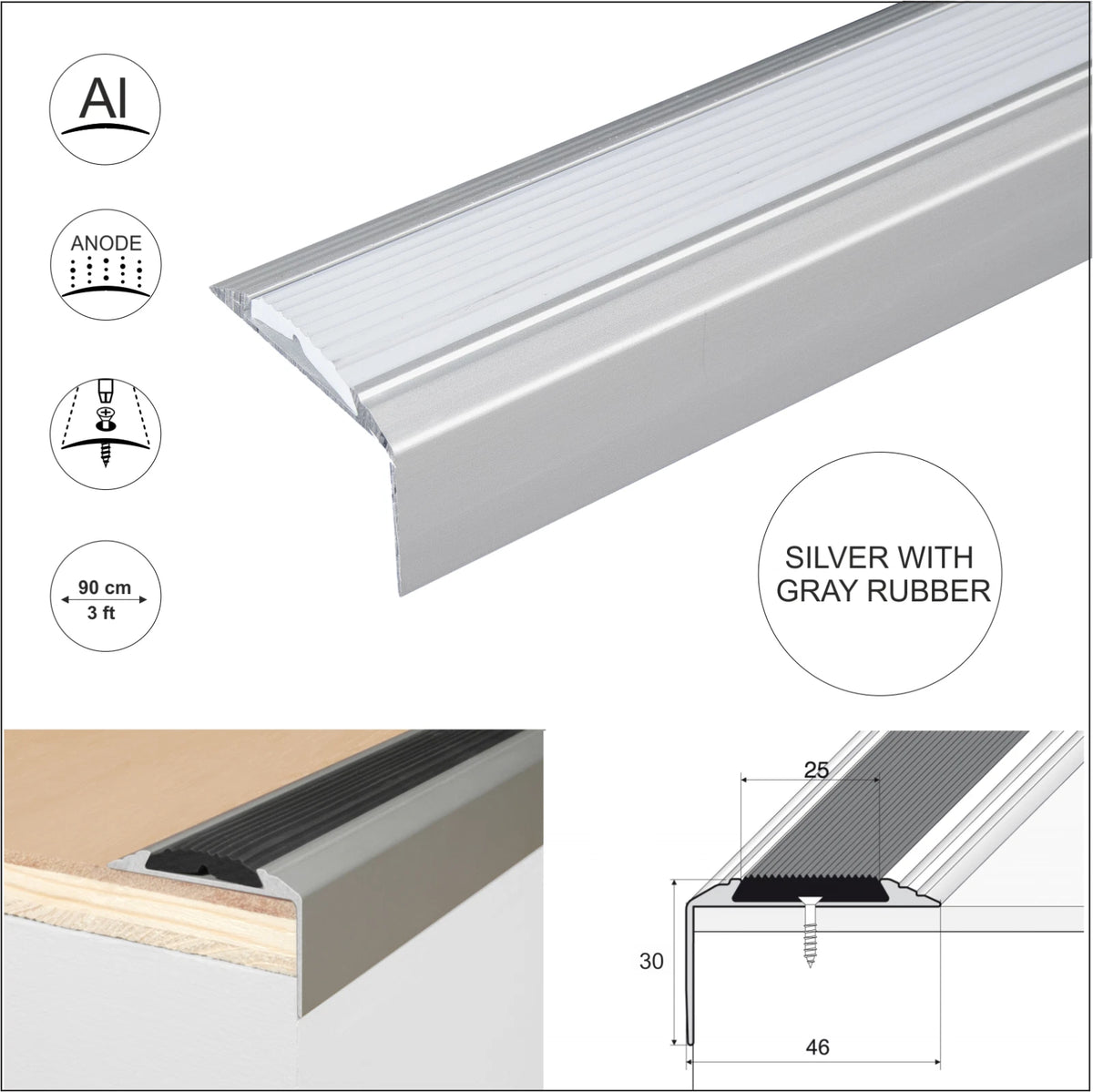 15 x Aluminium Stair Nosing Edge Trim Step Nose Edging Nosings Carpet 46 x 30mm
