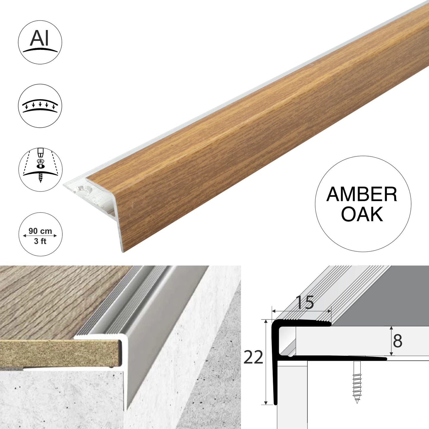 Aluminium Stair Nosing Wood Effect Edge Trim Step Edging Strip For Laminate A60