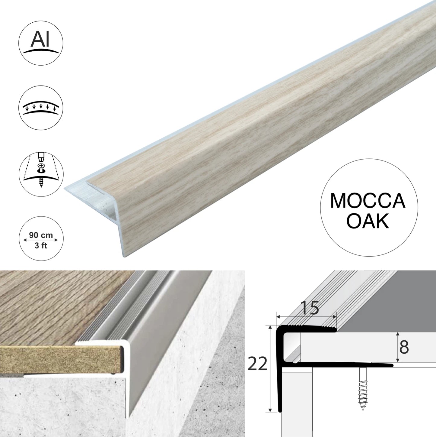 Aluminium Stair Nosing Wood Effect Edge Trim Step Edging Strip For Laminate A60