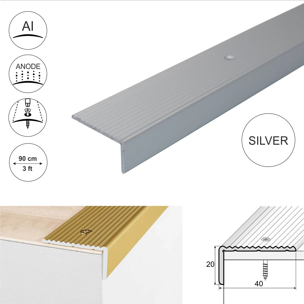 ALUMINIUM ANTI NON SLIP STAIR EDGE NOSING - STEP EDGING TRIM- 40 x 20mm A33