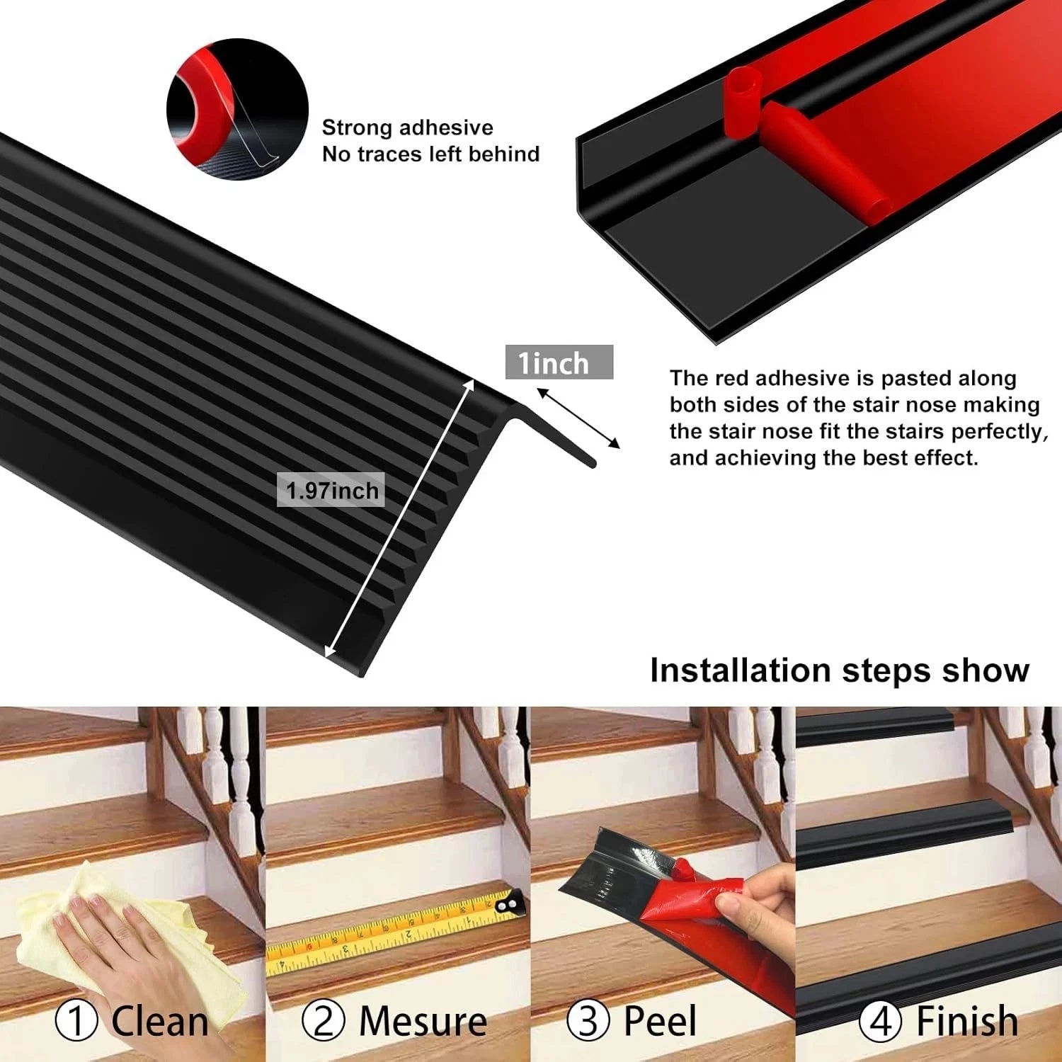 Stair Edge Trim,Vinyl Rubber Stair Nosing, Black Non-Slip Self Adhesive Stair E