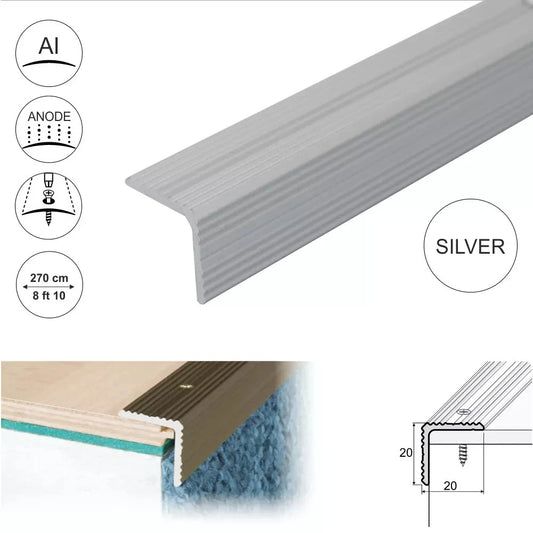 2.7m ANODISED ALUMINIUM ANTI NON SLIP STAIR EDGE NOSING -TRIM- 20x 20mm