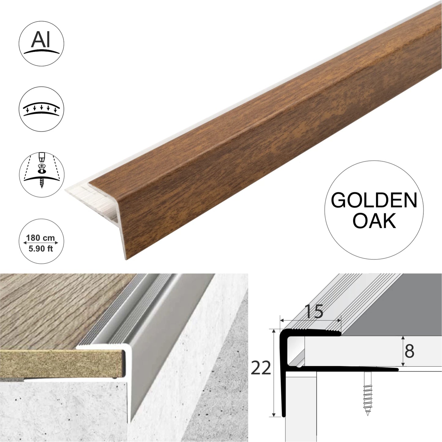 Aluminium Stair Nosing Wood Effect Edge Trim Step Nose Edging Laminate 1.8m A60
