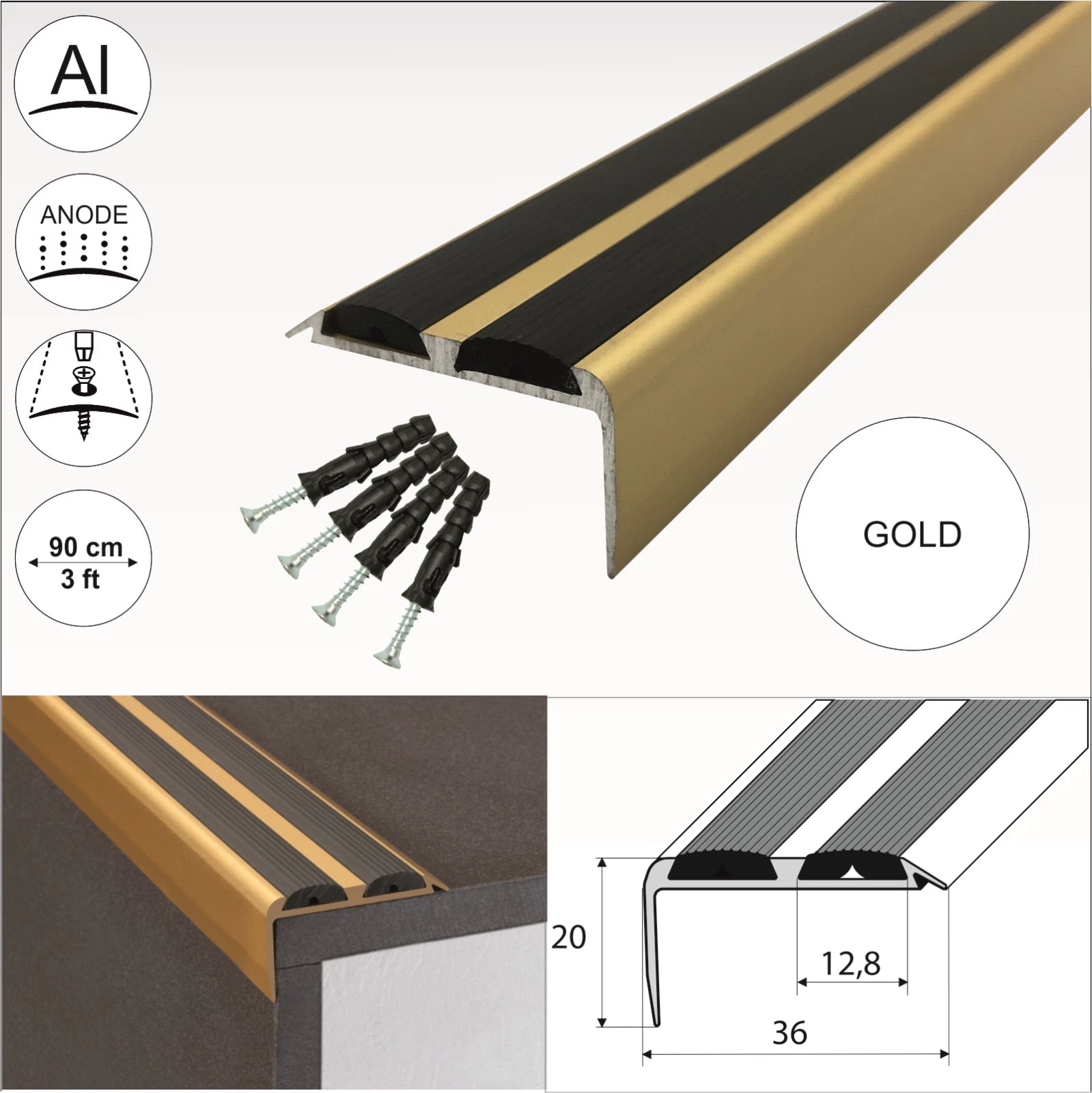 ALUMINIUM STAIR NOSING EDGE TRIM STEP NOSE EDGING NOSINGS FOR CARPET WOOD A37