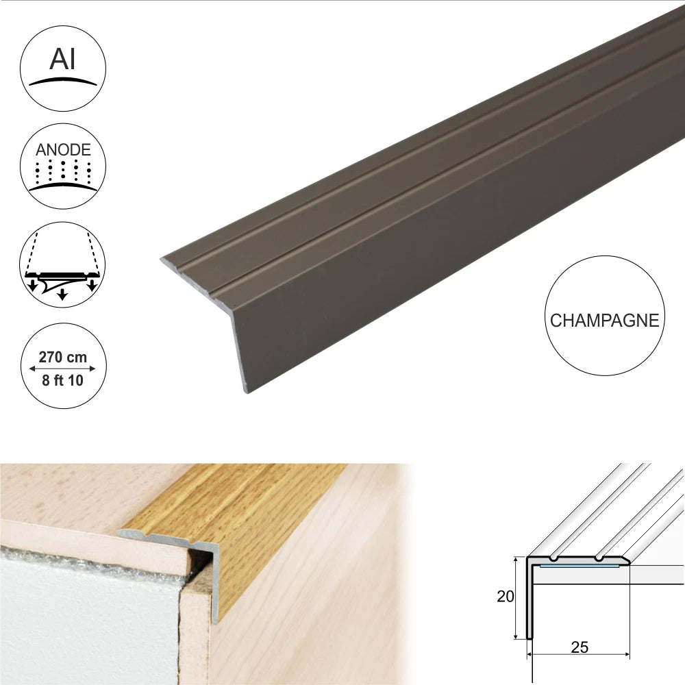 Aluminium Stair Nosing Step Edge Trim 25x20mm Edge Protector 2.7m A36 Laminate