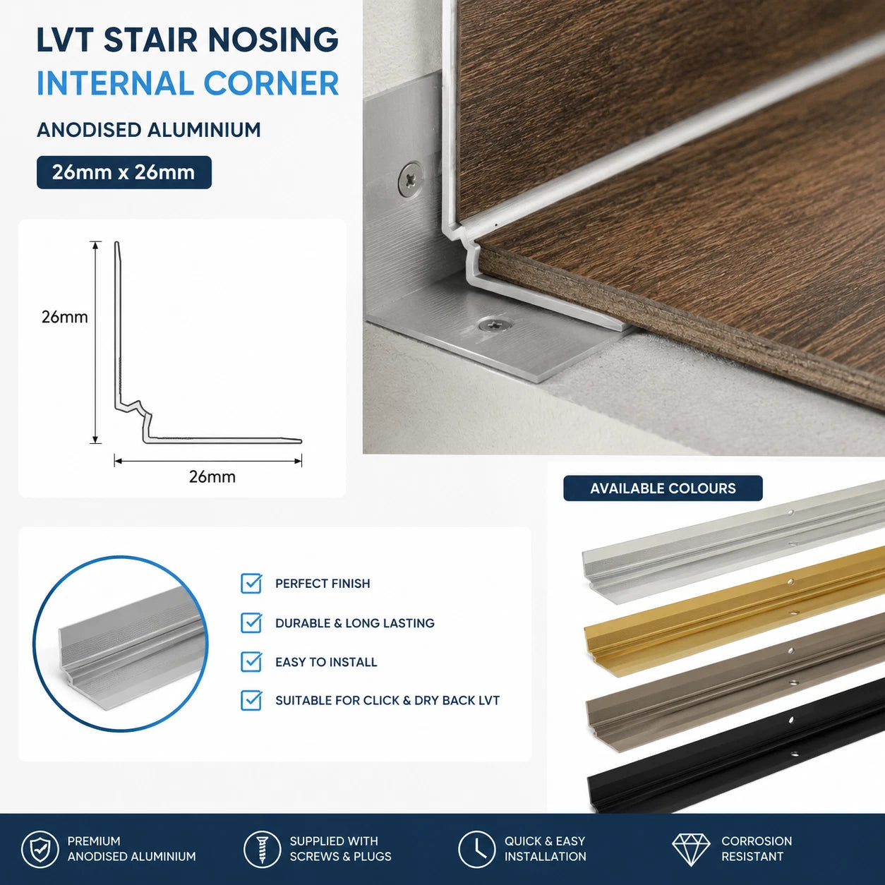 LVT Stair Nosing Trim C31 Internal Corner Edge Profile for Vinyl Flooring