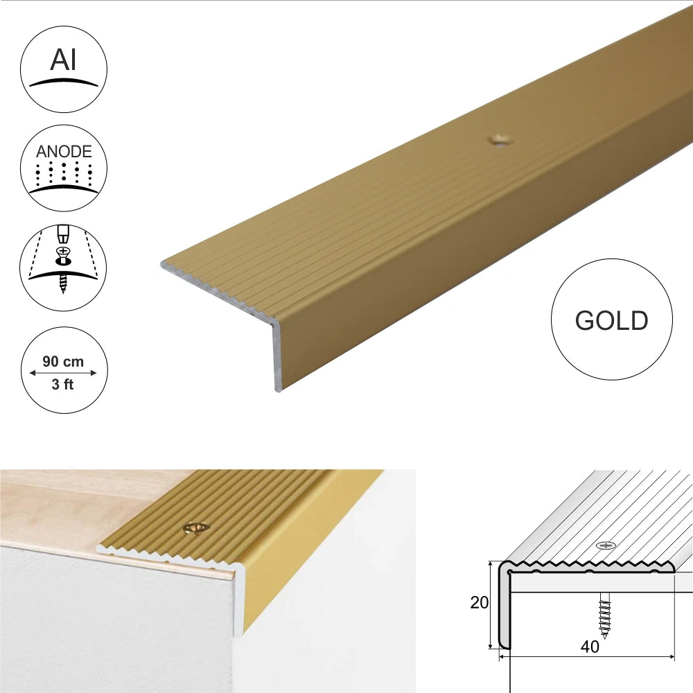 ALUMINIUM ANTI NON SLIP STAIR EDGE NOSING - STEP EDGING TRIM- 40 x 20mm A33