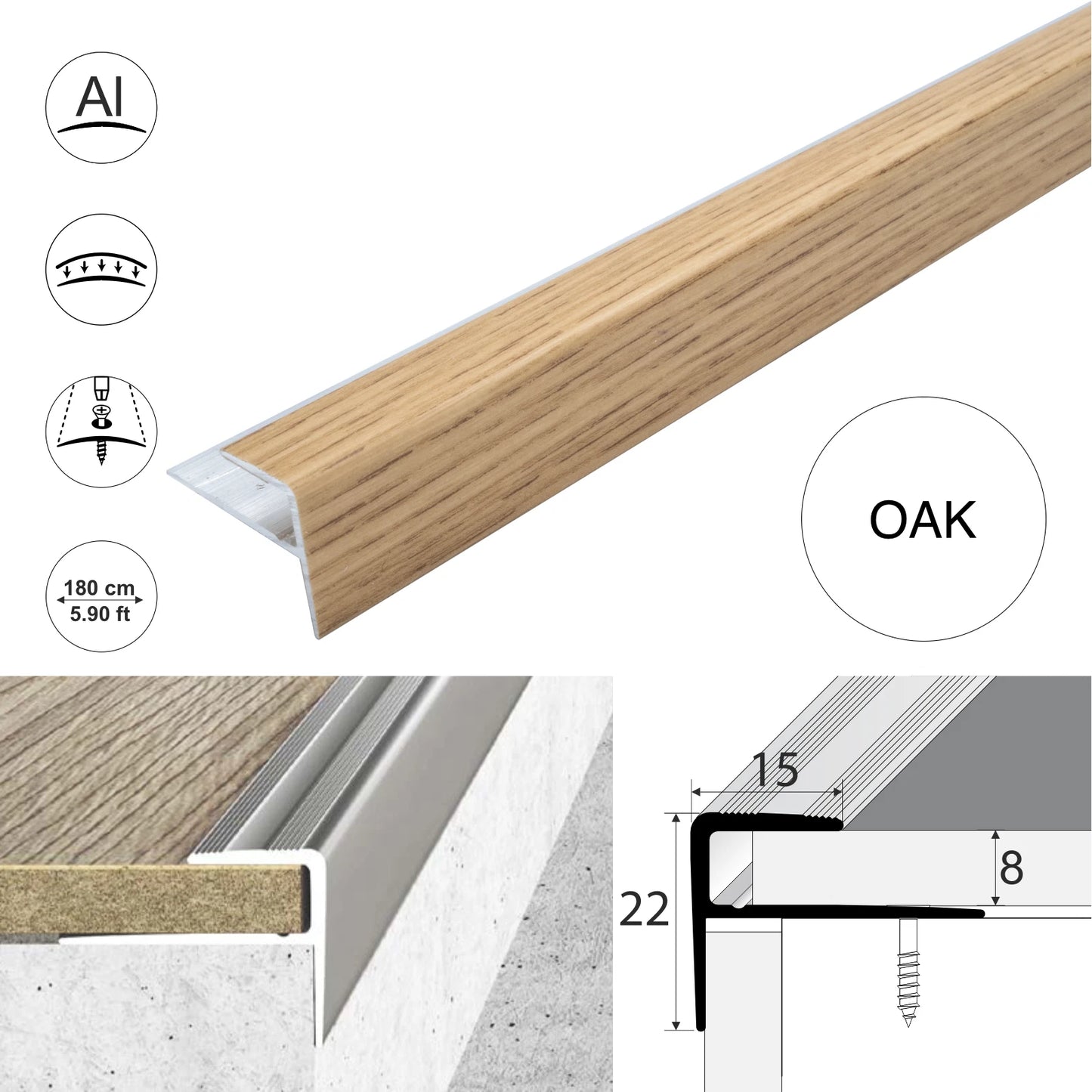 Aluminium Stair Nosing Wood Effect Edge Trim Step Nose Edging Laminate 1.8m A60