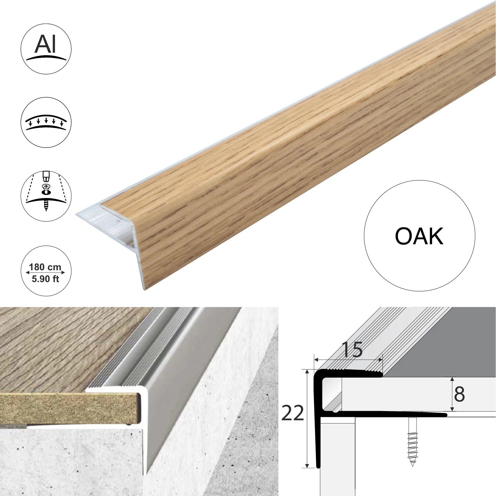 Aluminium Stair Nosing Wood Effect Edge Trim Step Nose Edging Laminate 1.8m A60