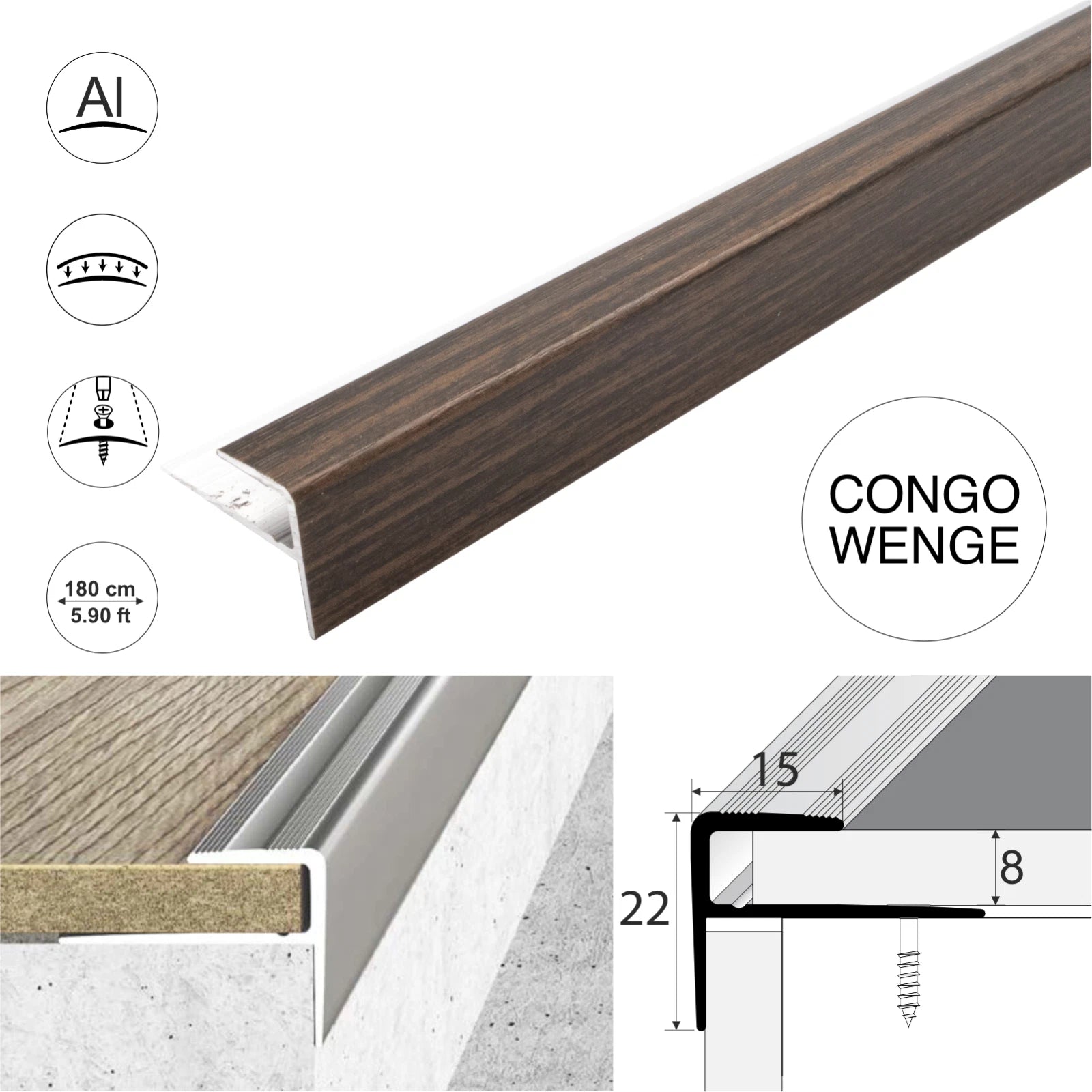 Aluminium Stair Nosing Wood Effect Edge Trim Step Nose Edging Laminate 1.8m A60
