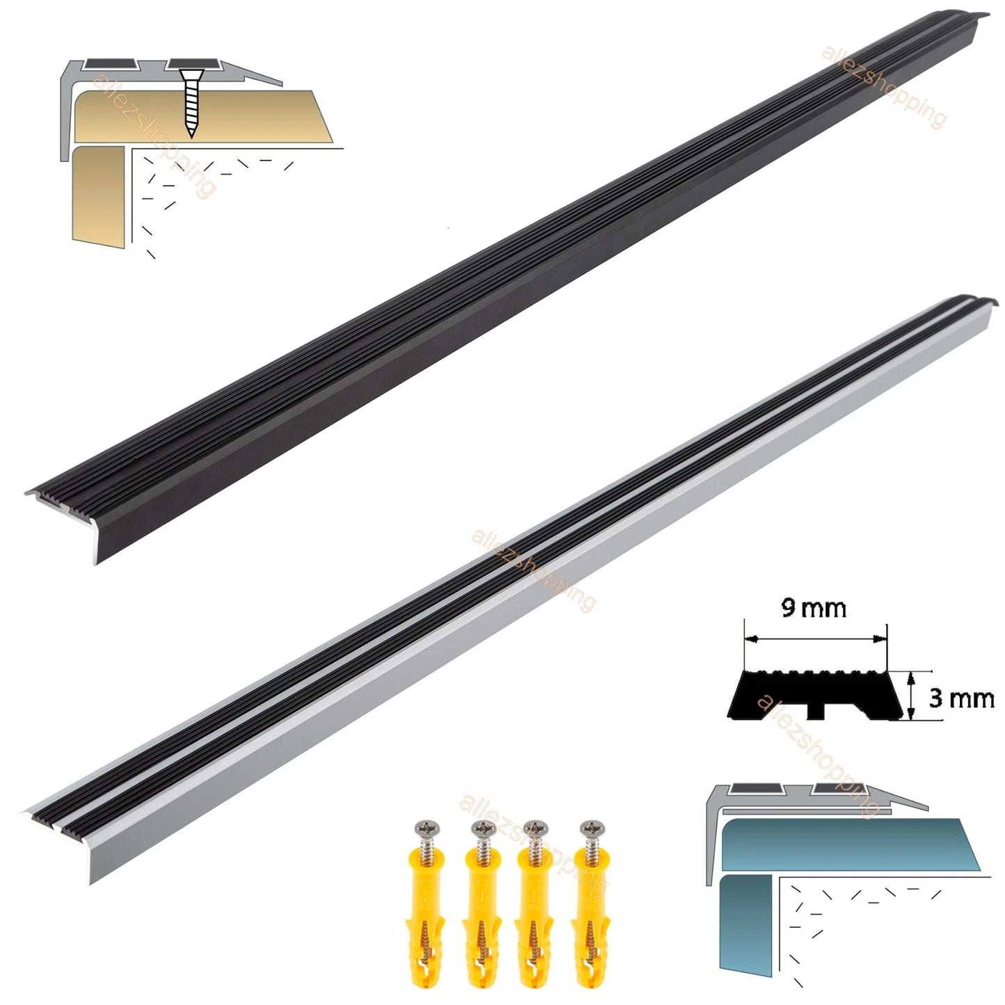 900mm Aluminium Anti Slip Stair Nosing Edge Trim Carpet Laminate Black Silver
