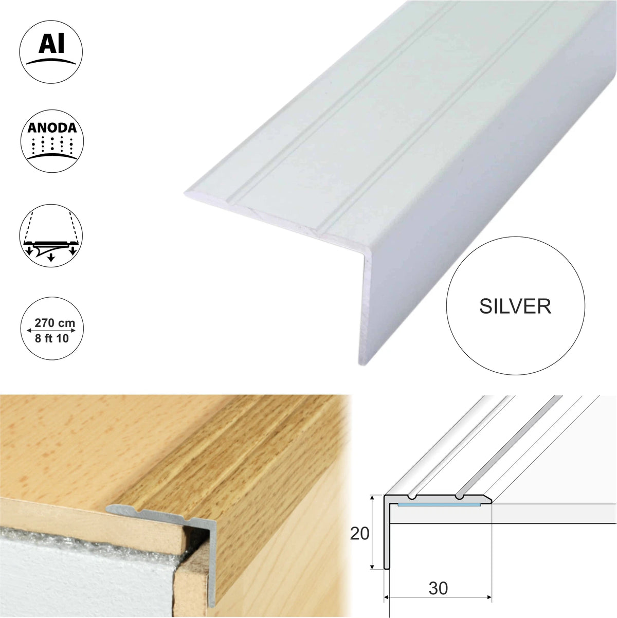 2.7m ALUMINIUM STAIR NOSING EDGE TRIM STEP EDGING CARPET, WOOD, Tile 30x20mm