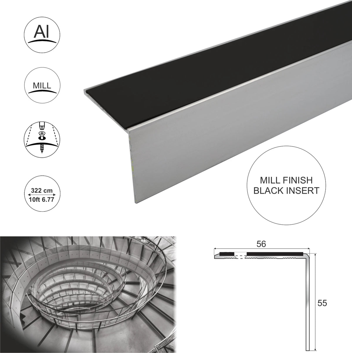 3.22m Aluminium Stair Nosing Edge Trim Step Nose Edging Trim Nosings 56x55mm