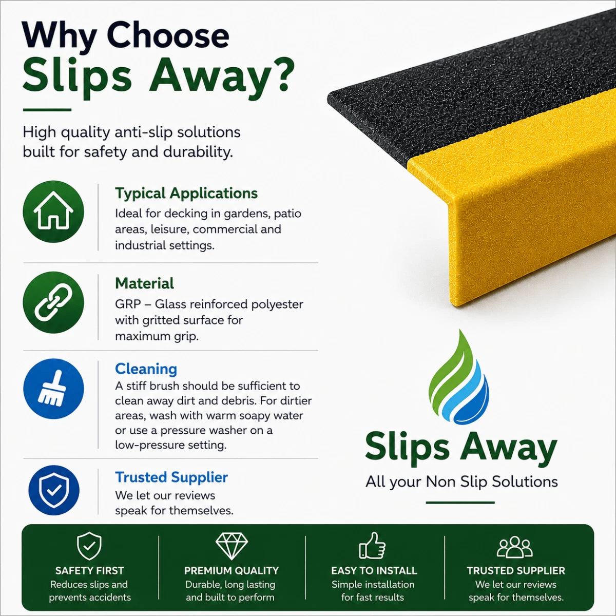 Anti Slip Stair Tread Covers Step Nosing Heavy Duty Non-Slip GRP 500mm - 3600mm