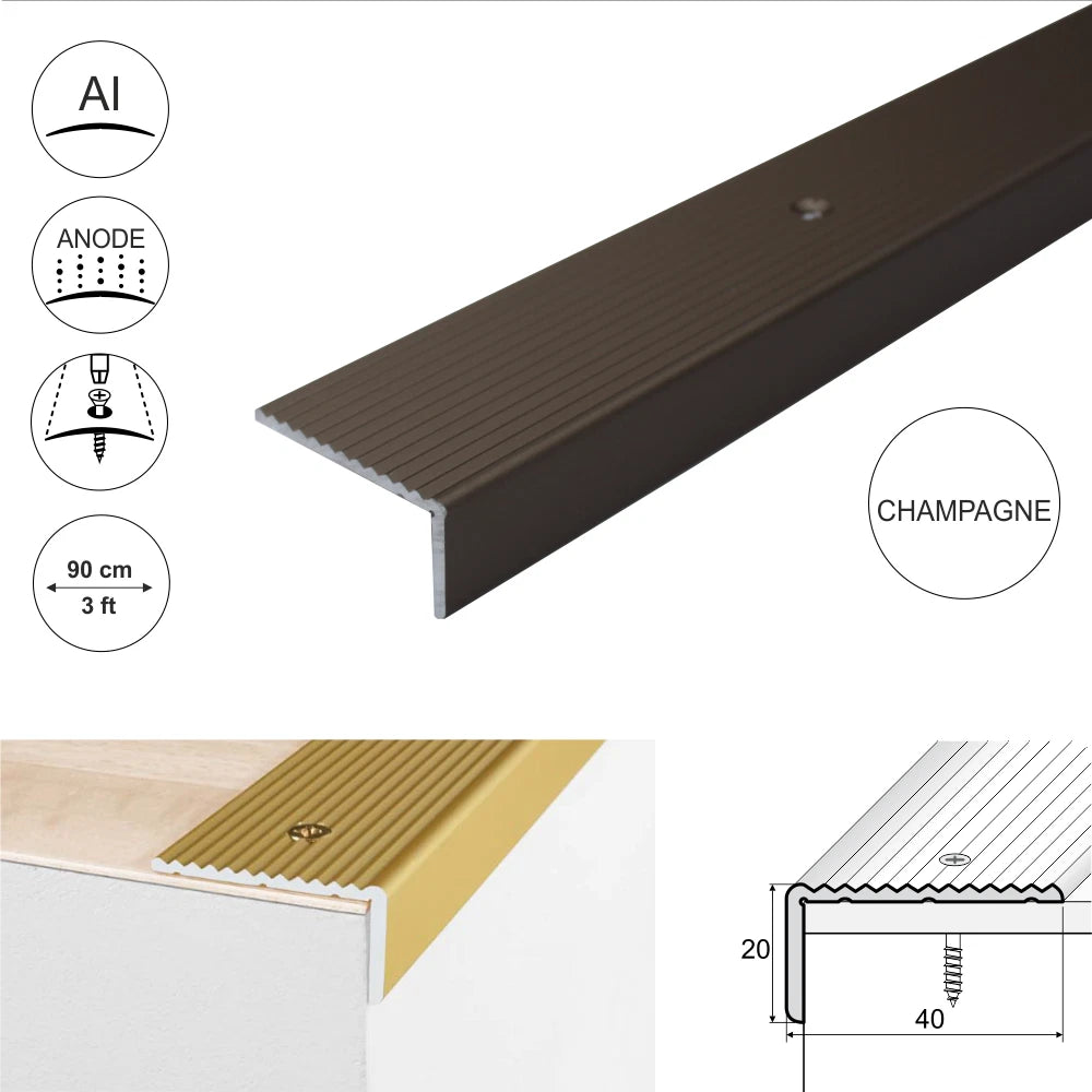ALUMINIUM ANTI NON SLIP STAIR EDGE NOSING - STEP EDGING TRIM- 40 x 20mm A33