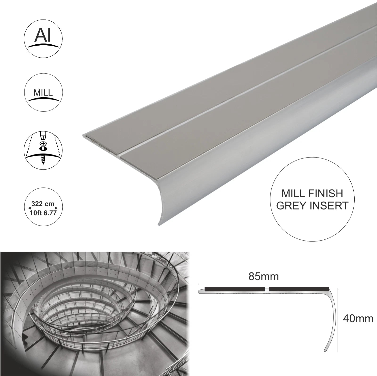 Anti Slip Bullnose Stair Nosings 85x 40mm Step Nosing Edge Profile 3.22m