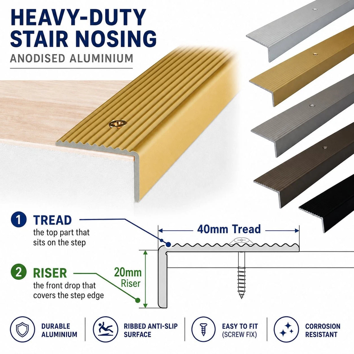 ALUMINIUM ANTI NON SLIP STAIR EDGE NOSING - STEP EDGING TRIM- 40 x 20mm A33
