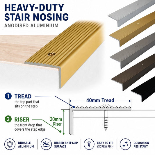 ALUMINIUM ANTI NON SLIP STAIR EDGE NOSING - STEP EDGING TRIM- 40 x 20mm A33