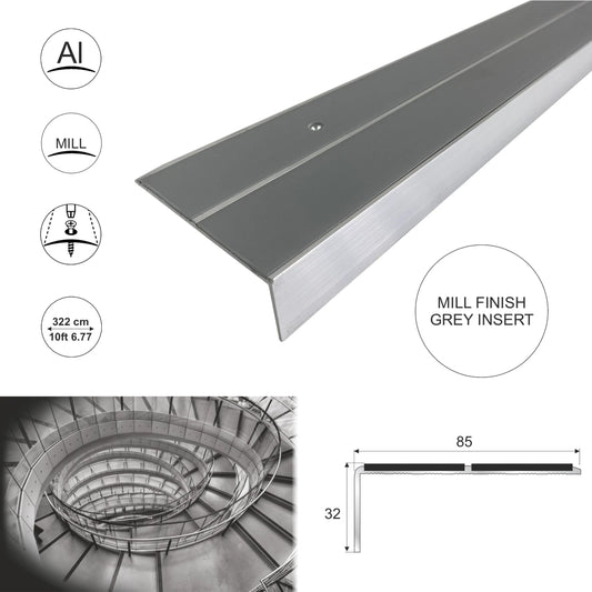 Aluminium Anti-Slip Stair Nosing Heavy Duty Step Edge Trim Grey 85x32mm –3.22m