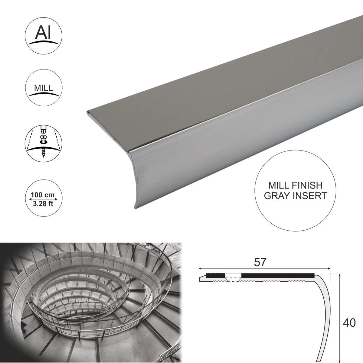 Anti Slip Bullnose Stair Nosings Step Nosing For Carpets Carpet Tiles 57x 40mm