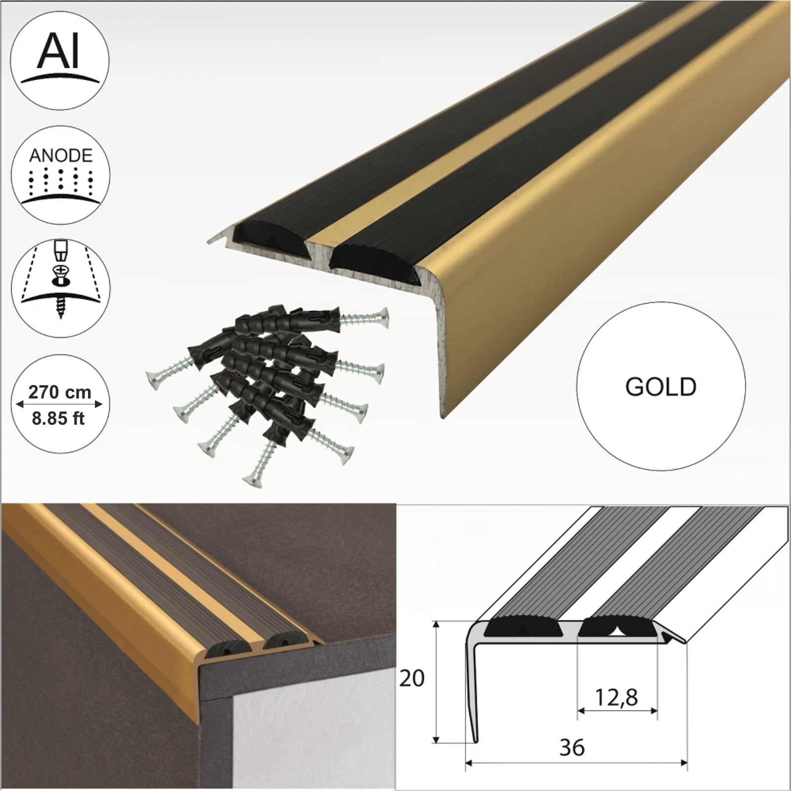 2.7m ALUMINIUM STAIR NOSING EDGE TRIM STEP NOSE EDGING NOSINGS FOR CARPET WOOD