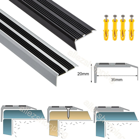 Aluminium Stair Nosing Edge Trim Step Nose Edging Nosings Carpet Black/Silver UK