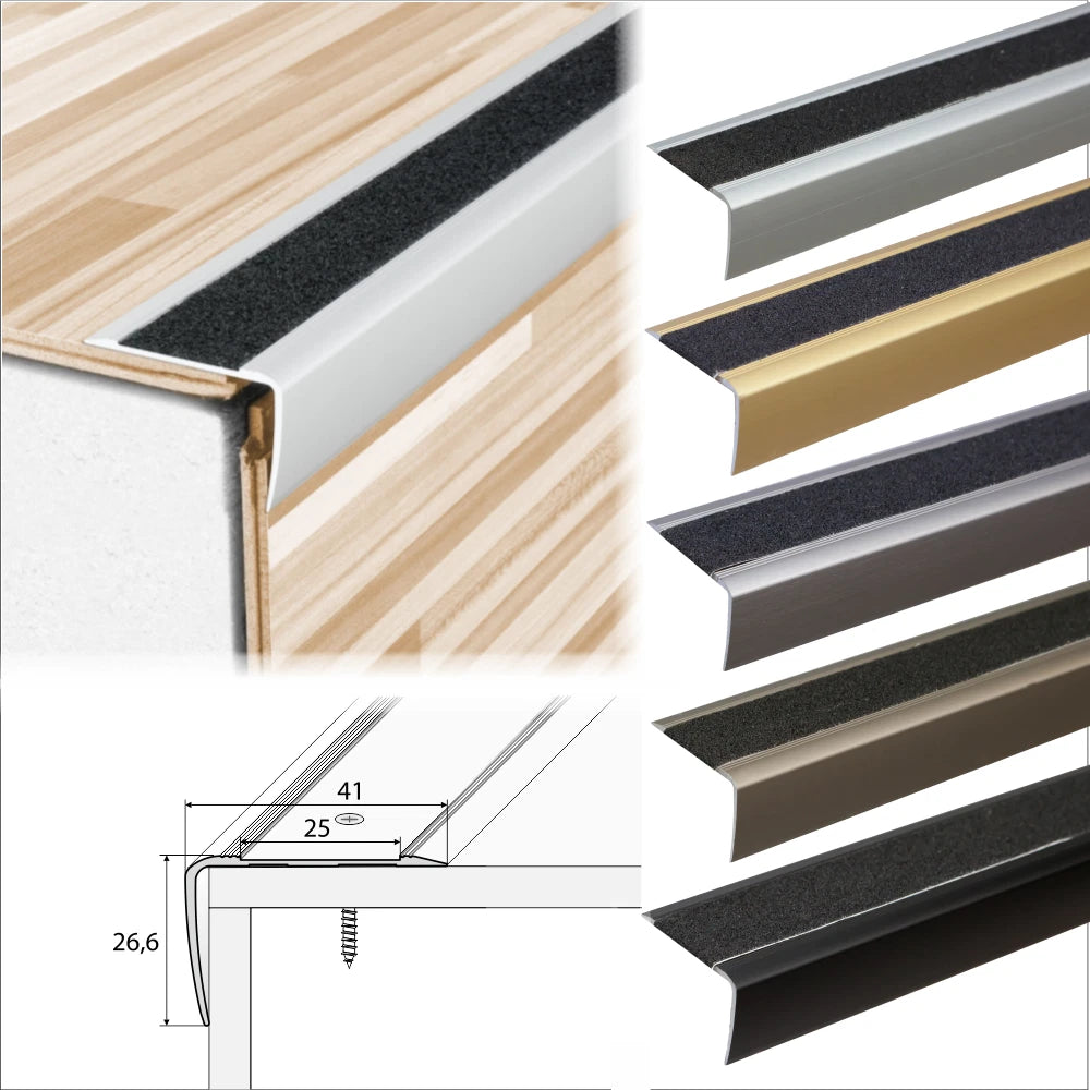 ALUMINIUM ANTI NON SLIP STAIR EDGE NOSING EDGING TRIM STEP- 41x 26.6mm A44