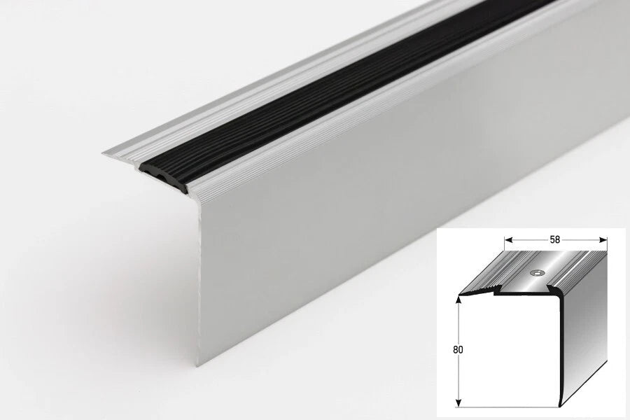 Aluminium Stair Nosing Anti Slip Anodised Silver Step Nose Edging 58 x 80 mm